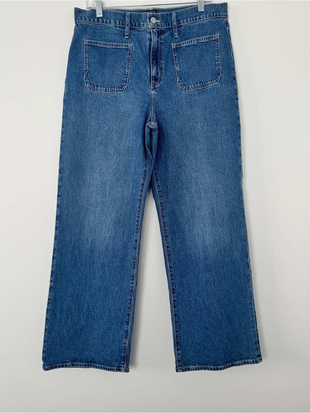 J. Crew Full Length Wide Leg Jeans Womens 31 Blue Sailor Flare Patch Pocket Boho